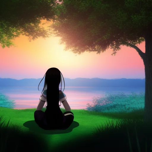 01622-963951301-An anime girl sitting next to a lake in the sunset.webp